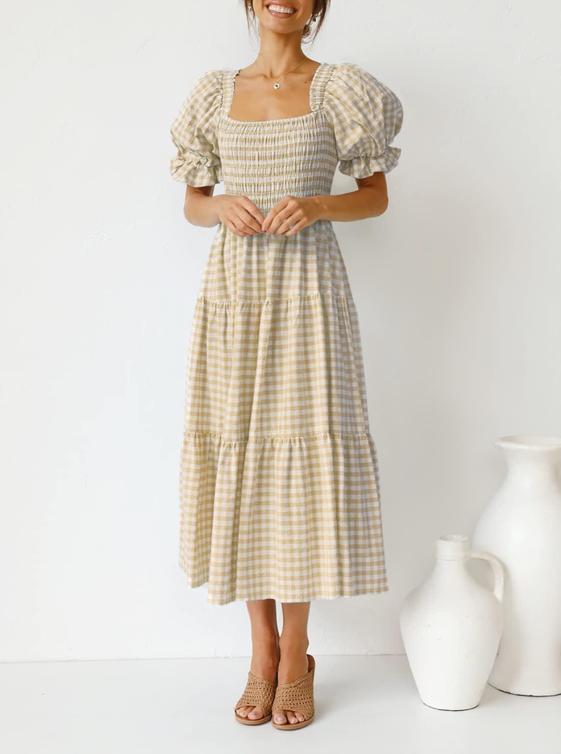 imageZESICA Womens 2026 Bohemian Summer Plaid Square Neck Puff Sleeve Ruffle Flowy Beach Midi DressBeige