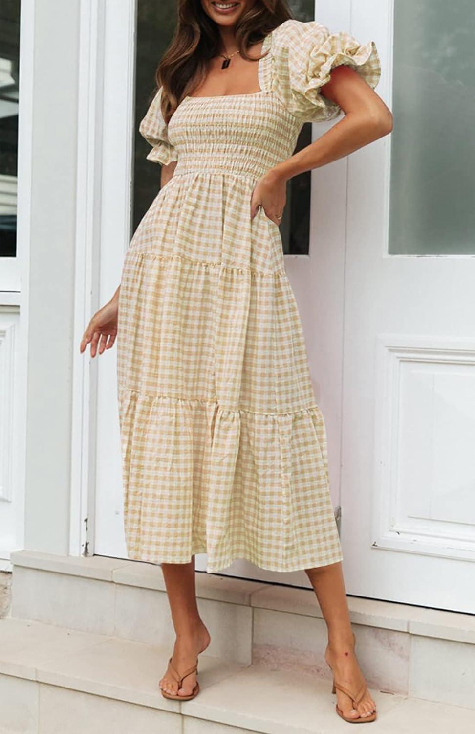 imageZESICA Womens 2026 Bohemian Summer Plaid Square Neck Puff Sleeve Ruffle Flowy Beach Midi DressBeige