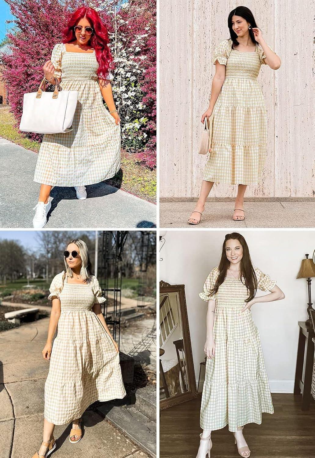imageZESICA Womens 2026 Bohemian Summer Plaid Square Neck Puff Sleeve Ruffle Flowy Beach Midi DressBeige