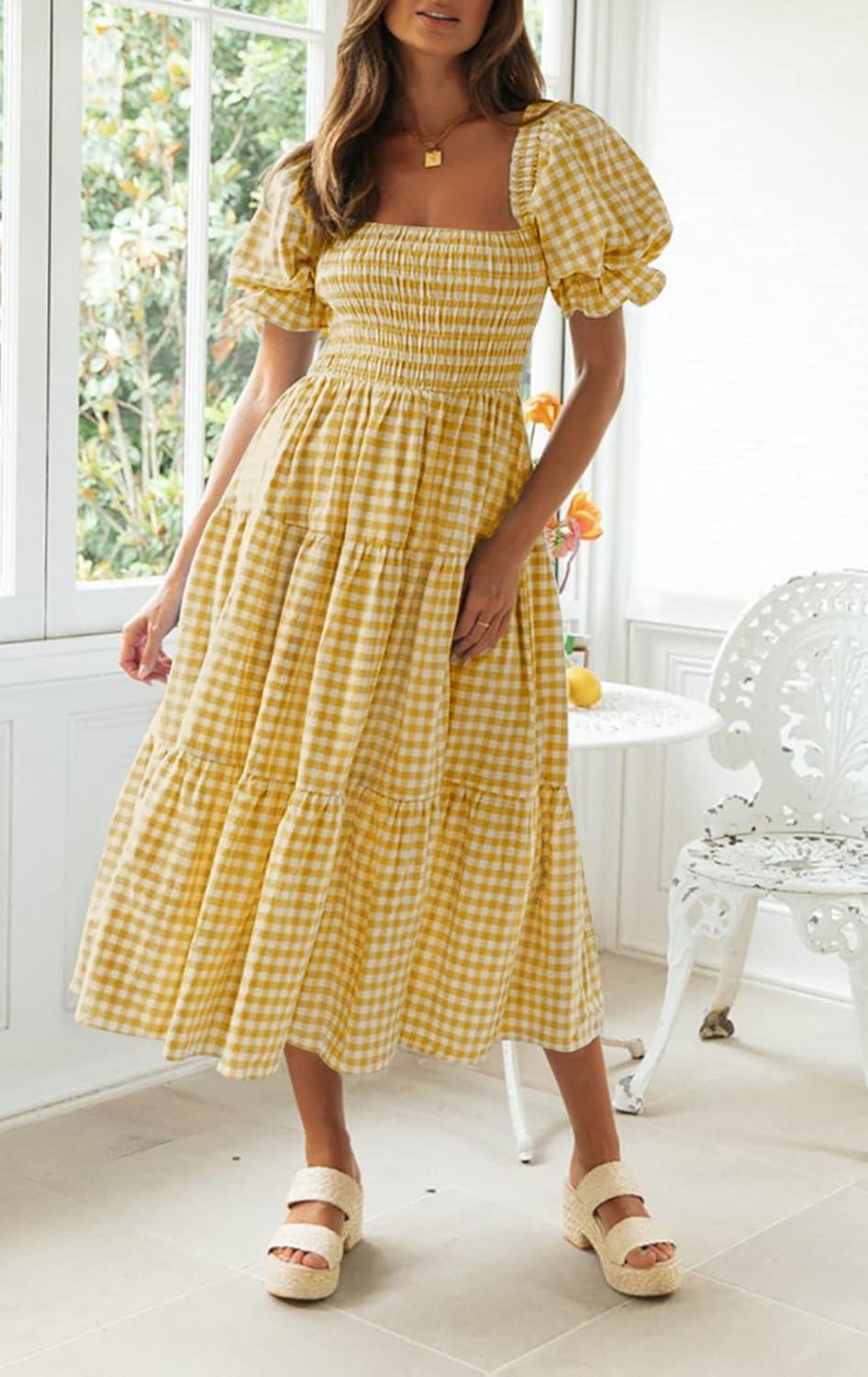 imageZESICA Womens 2026 Bohemian Summer Plaid Square Neck Puff Sleeve Ruffle Flowy Beach Midi DressGinger