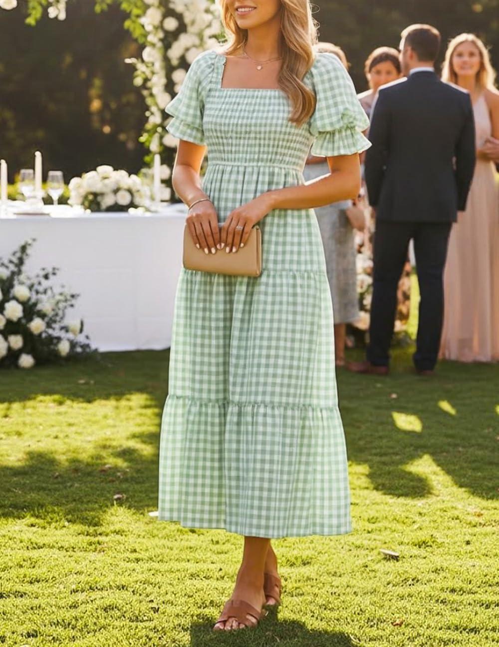 imageZESICA Womens 2026 Bohemian Summer Plaid Square Neck Puff Sleeve Ruffle Flowy Beach Midi DressGreen