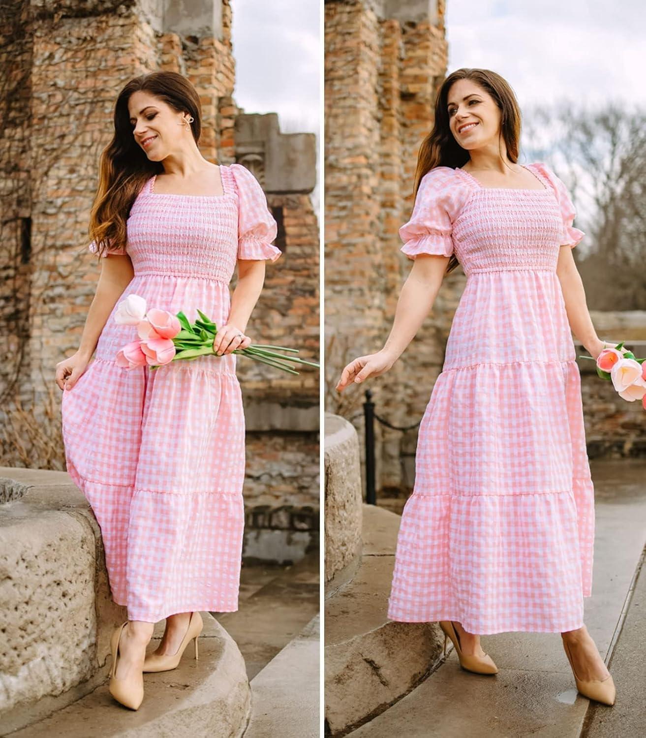 imageZESICA Womens 2026 Bohemian Summer Plaid Square Neck Puff Sleeve Ruffle Flowy Beach Midi DressPink