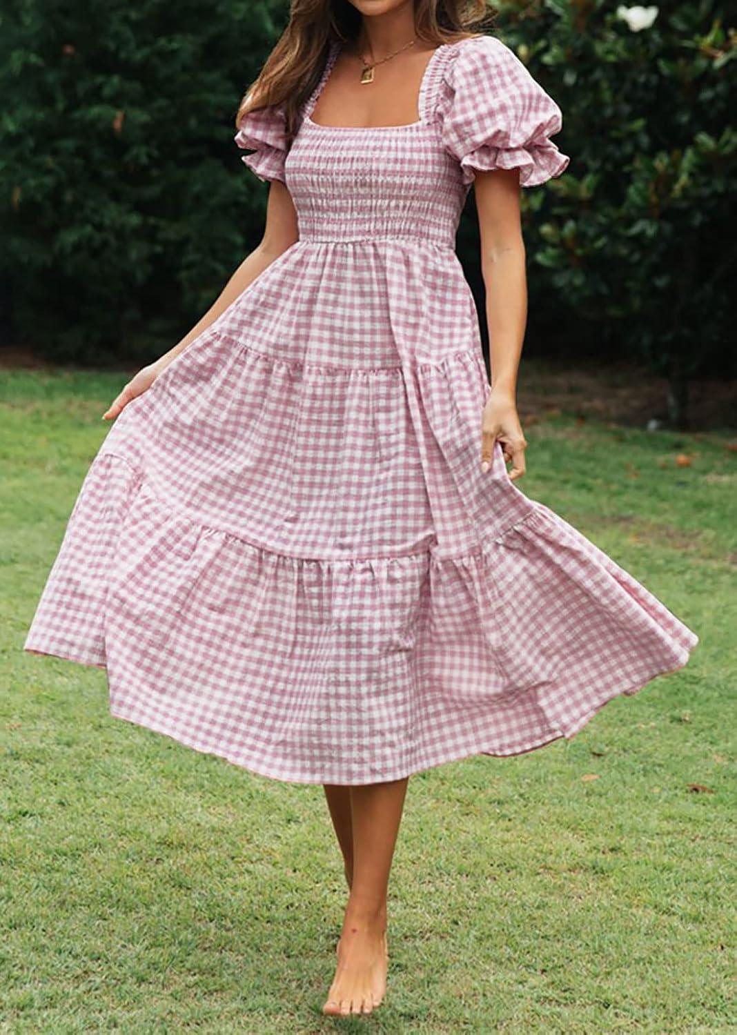 imageZESICA Womens 2026 Bohemian Summer Plaid Square Neck Puff Sleeve Ruffle Flowy Beach Midi DressTaro