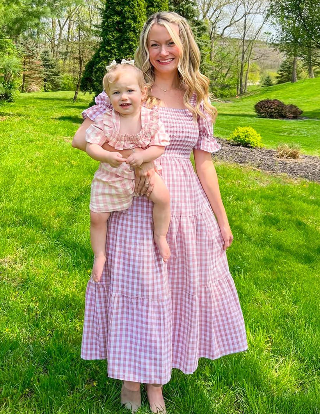 imageZESICA Womens 2026 Bohemian Summer Plaid Square Neck Puff Sleeve Ruffle Flowy Beach Midi DressTaro