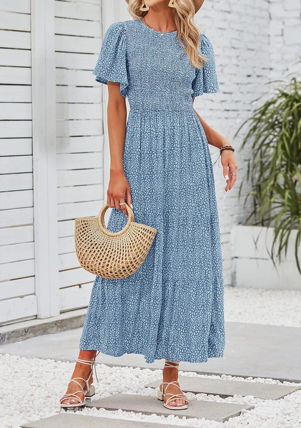 imageZESICA Womens 2026 Summer Casual Floral Print Short Flutter Sleeve Crew Neck Smocked High Waist Flowy Maxi DressBlue