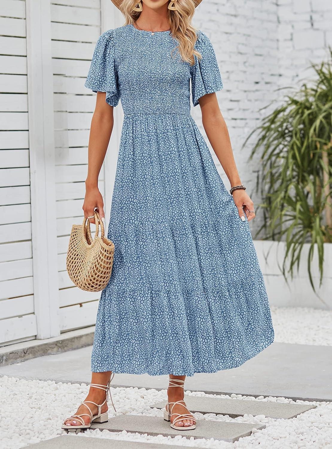 imageZESICA Womens 2026 Summer Casual Floral Print Short Flutter Sleeve Crew Neck Smocked High Waist Flowy Maxi DressBlue