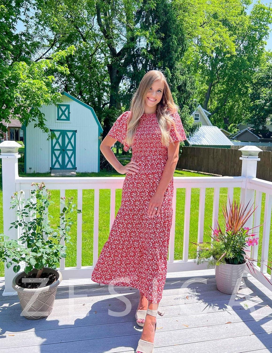 imageZESICA Womens 2026 Summer Casual Floral Print Short Flutter Sleeve Crew Neck Smocked High Waist Flowy Maxi DressOrangered