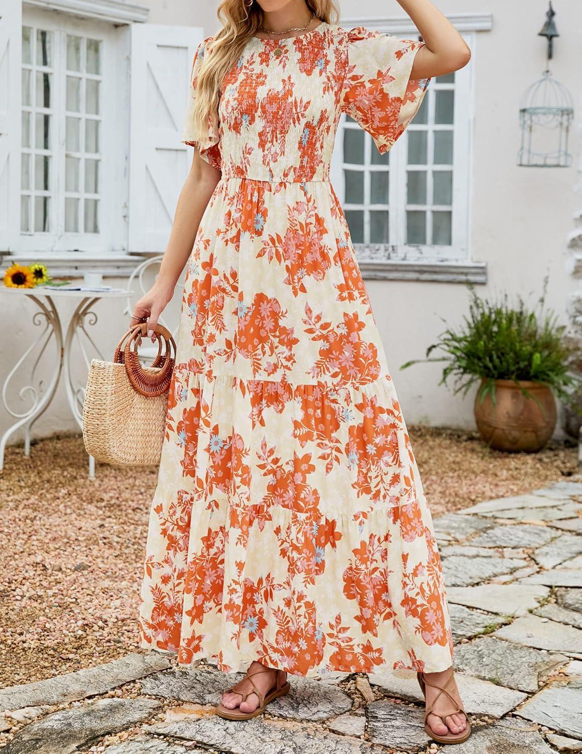 imageZESICA Womens 2026 Summer Casual Floral Print Short Flutter Sleeve Crew Neck Smocked High Waist Flowy Maxi DressTangerine