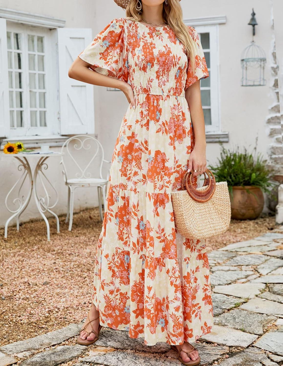 imageZESICA Womens 2026 Summer Casual Floral Print Short Flutter Sleeve Crew Neck Smocked High Waist Flowy Maxi DressTangerine