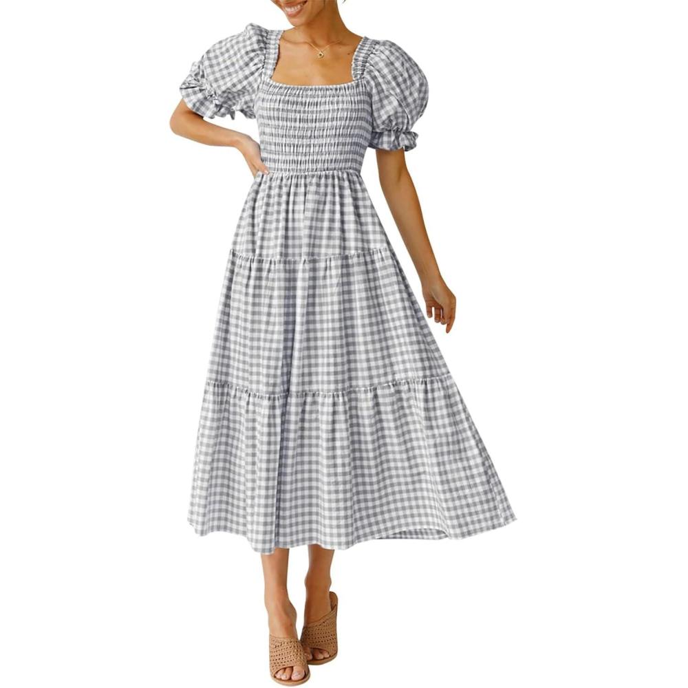 imageZESICA Womens 2026 Bohemian Summer Plaid Square Neck Puff Sleeve Ruffle Flowy Beach Midi DressGrey