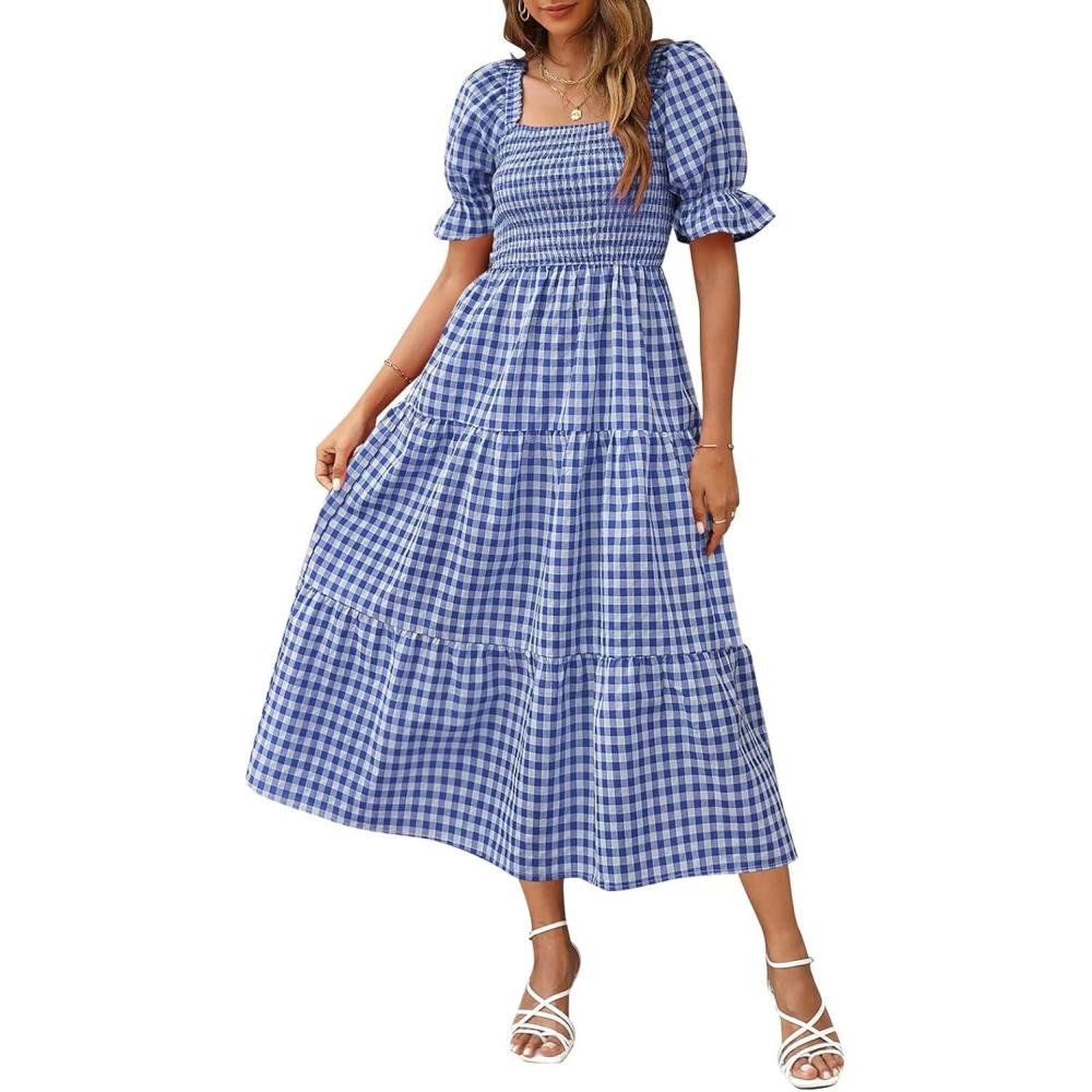 imageZESICA Womens 2026 Bohemian Summer Plaid Square Neck Puff Sleeve Ruffle Flowy Beach Midi DressRoyalblue