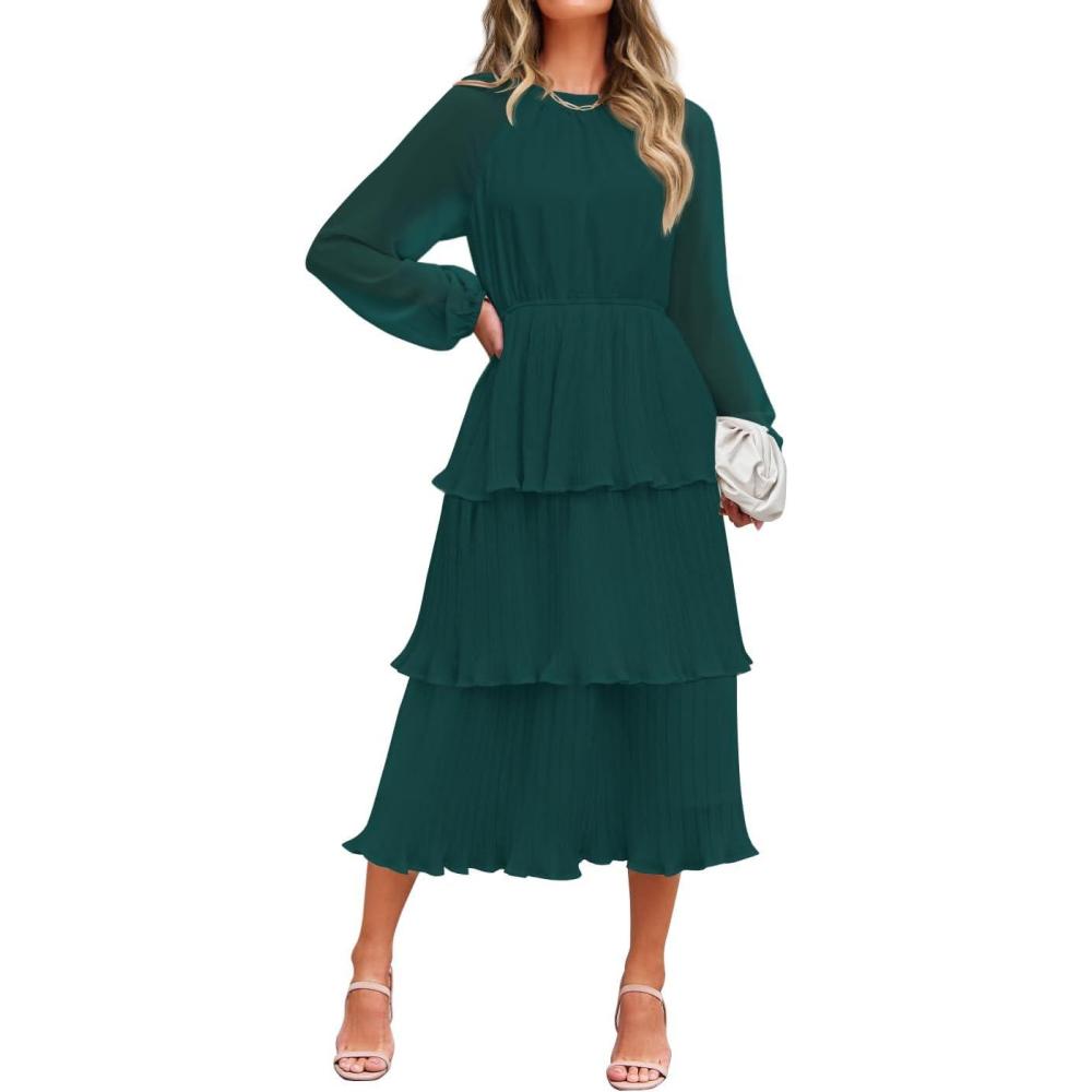 imageZESICA Womens 2026 Long Sleeve Crew Neck Ruffle Tiered Layered Chiffon Flowy Swing Long Midi DressDarkgreen