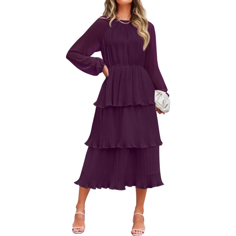 imageZESICA Womens 2026 Long Sleeve Crew Neck Ruffle Tiered Layered Chiffon Flowy Swing Long Midi DressDarkpurple