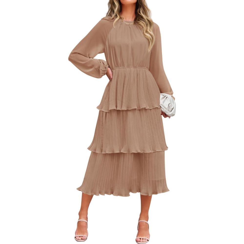 imageZESICA Womens 2026 Long Sleeve Crew Neck Ruffle Tiered Layered Chiffon Flowy Swing Long Midi DressKhaki