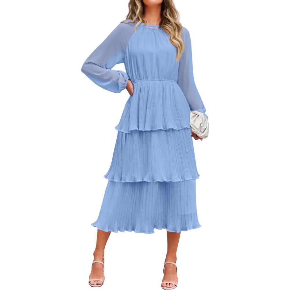 imageZESICA Womens 2026 Long Sleeve Crew Neck Ruffle Tiered Layered Chiffon Flowy Swing Long Midi DressLightblue