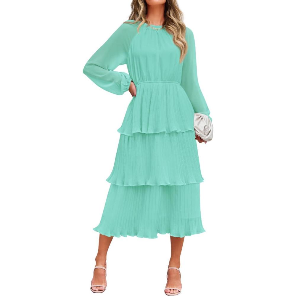 imageZESICA Womens 2026 Long Sleeve Crew Neck Ruffle Tiered Layered Chiffon Flowy Swing Long Midi DressMint