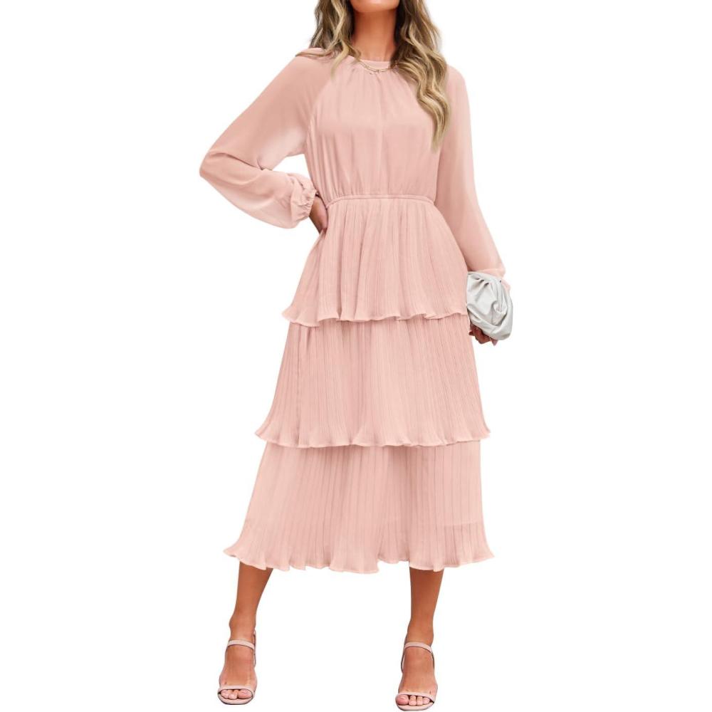 imageZESICA Womens 2026 Long Sleeve Crew Neck Ruffle Tiered Layered Chiffon Flowy Swing Long Midi DressPink