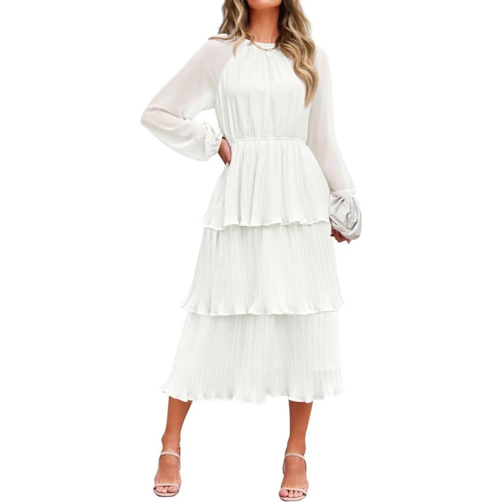 imageZESICA Womens 2026 Long Sleeve Crew Neck Ruffle Tiered Layered Chiffon Flowy Swing Long Midi DressWhite