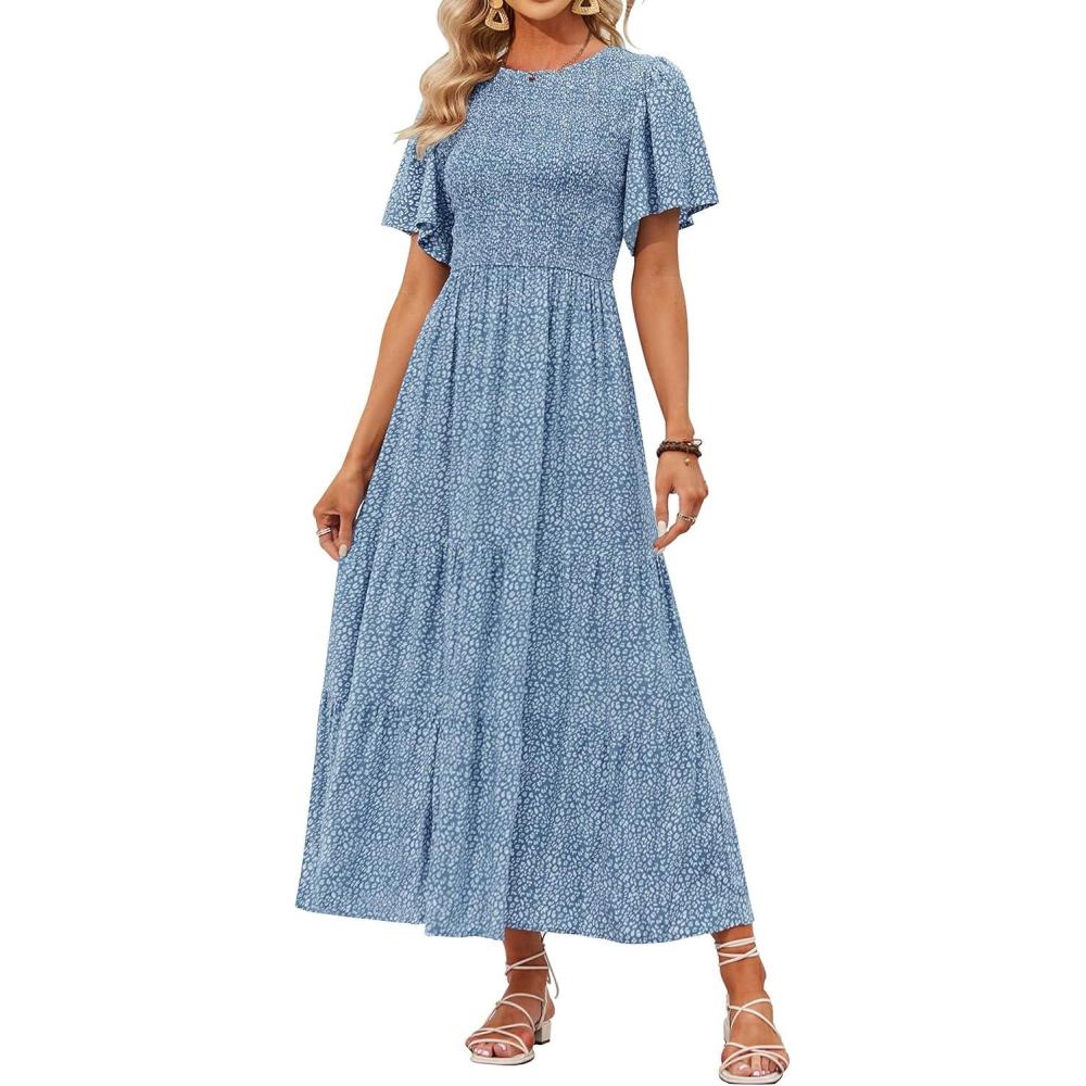 imageZESICA Womens 2026 Summer Casual Floral Print Short Flutter Sleeve Crew Neck Smocked High Waist Flowy Maxi DressBlue