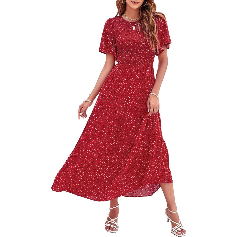 imageZESICA Womens 2026 Summer Casual Floral Print Short Flutter Sleeve Crew Neck Smocked High Waist Flowy Maxi DressRed