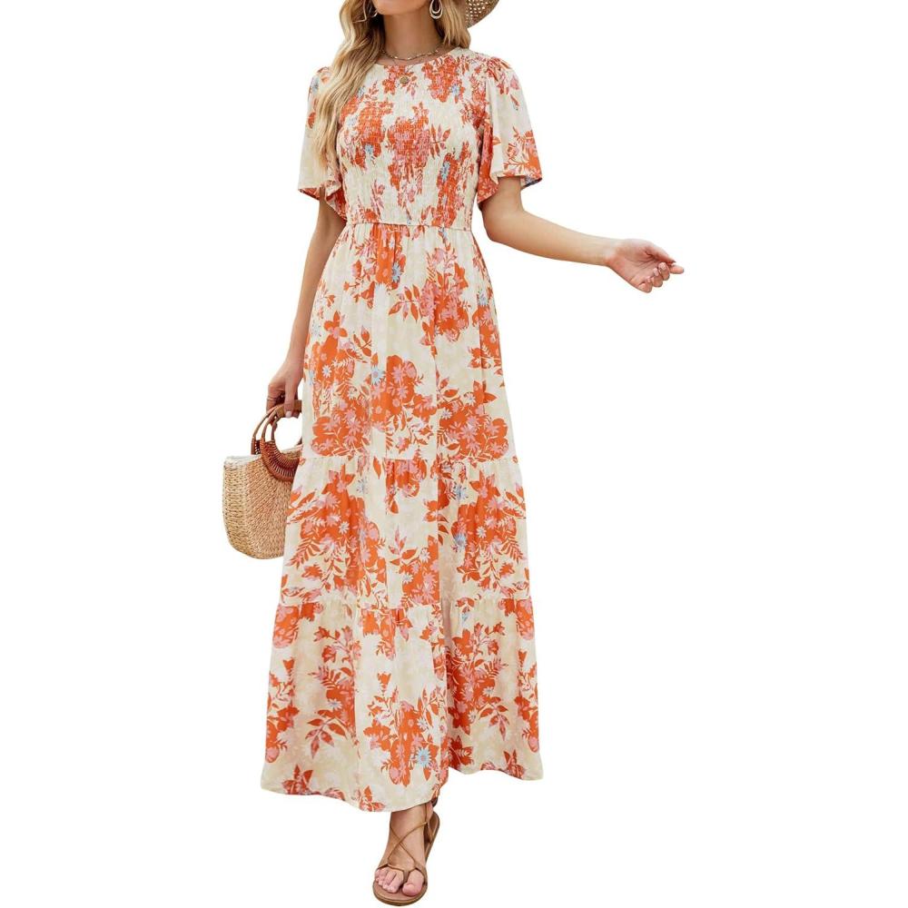 imageZESICA Womens 2026 Summer Casual Floral Print Short Flutter Sleeve Crew Neck Smocked High Waist Flowy Maxi DressTangerine