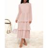 ZESICA Women’s 2026 Long Sleeve Crew Neck Ruffle Tiered Layered Chiffon Flowy Swing Long Midi Dress(Pink)