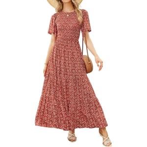 ZESICA Women’s 2026 Summer Casual Floral Print Short Flutter Sleeve Crew Neck Smocked High Waist Flowy Maxi Dress(Orangered)