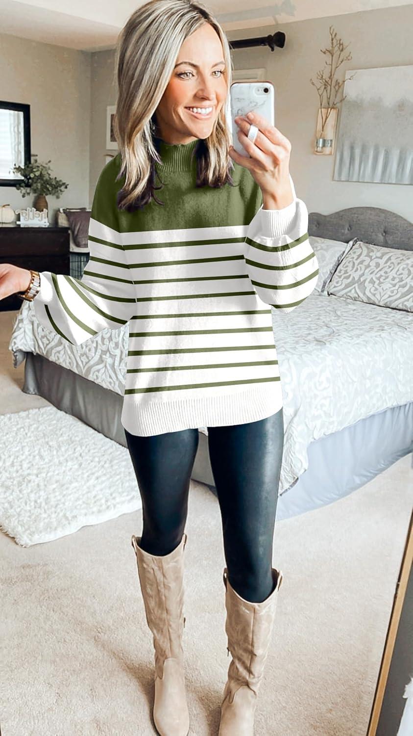 imageZESICA Womens 2026 Fall Fashion Turtleneck Long Sleeve Striped Ribbed Knit Loose Pullover Sweater TopsArmygreen