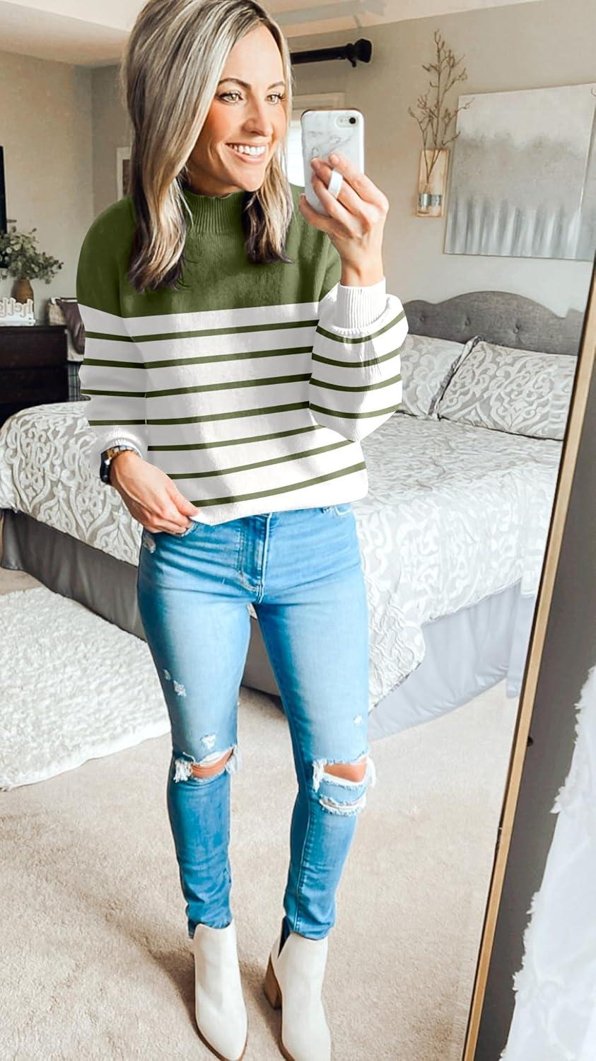 imageZESICA Womens 2026 Fall Fashion Turtleneck Long Sleeve Striped Ribbed Knit Loose Pullover Sweater TopsArmygreen