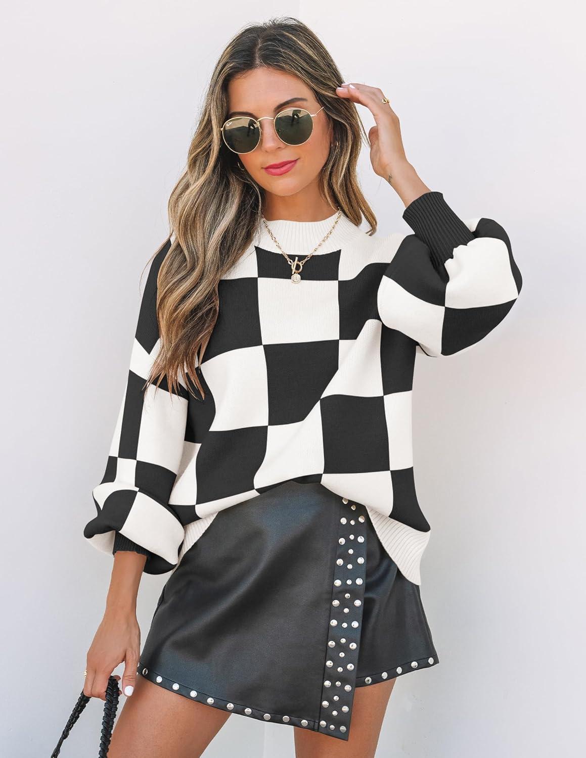 imageZESICA Womens 2026 Fall Fashion Turtleneck Long Sleeve Striped Ribbed Knit Loose Pullover Sweater TopsBlackplaid