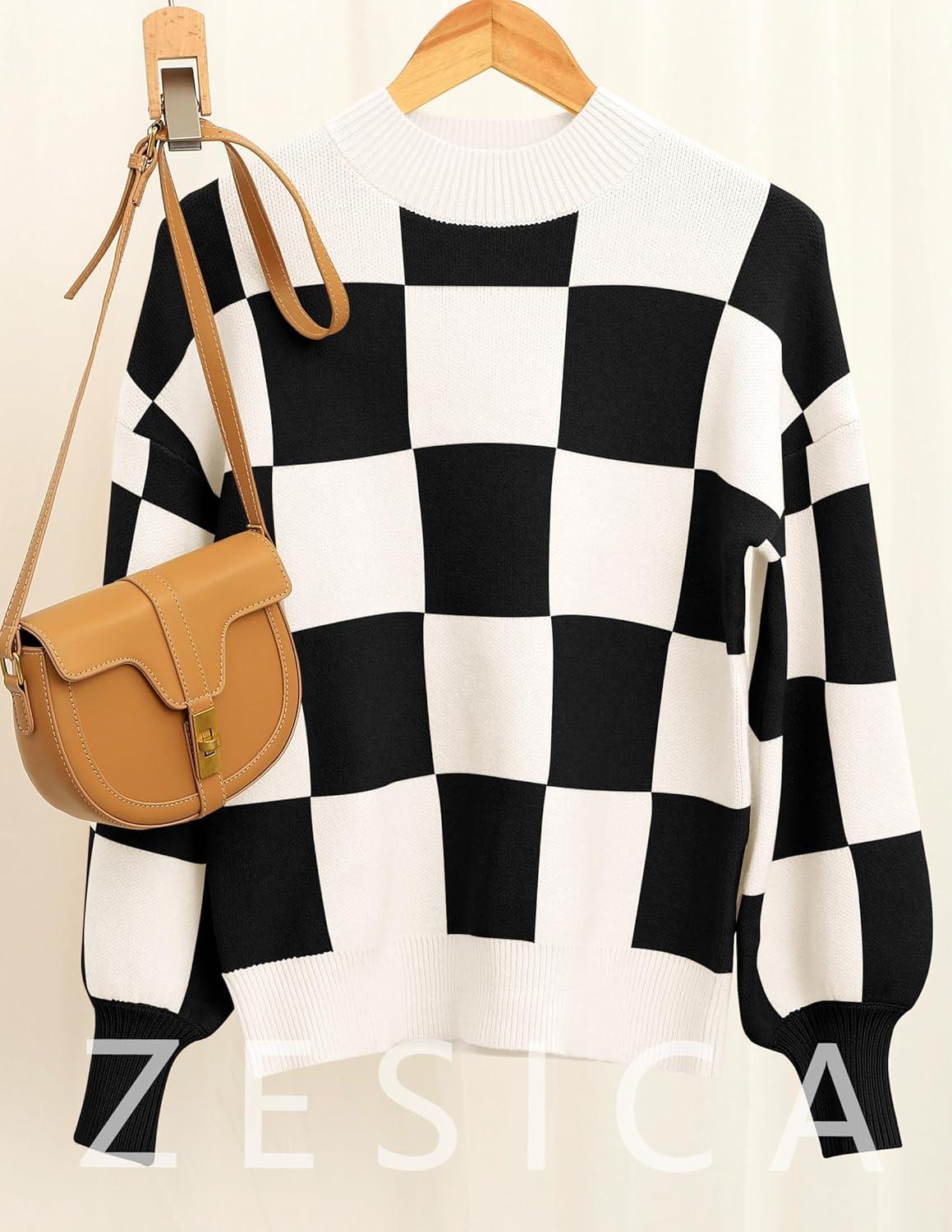 imageZESICA Womens 2026 Fall Fashion Turtleneck Long Sleeve Striped Ribbed Knit Loose Pullover Sweater TopsBlackplaid