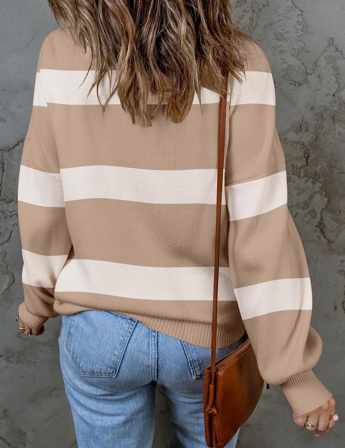 imageZESICA Womens 2026 Fall Fashion Turtleneck Long Sleeve Striped Ribbed Knit Loose Pullover Sweater TopsCamel