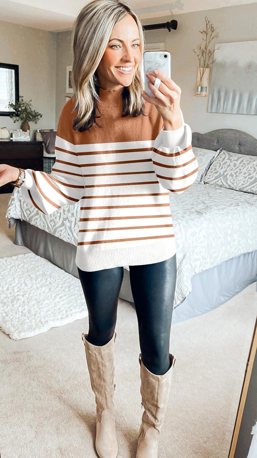 imageZESICA Womens 2026 Fall Fashion Turtleneck Long Sleeve Striped Ribbed Knit Loose Pullover Sweater TopsCaramel