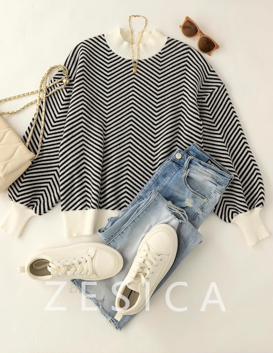 imageZESICA Womens 2026 Fall Fashion Turtleneck Long Sleeve Striped Ribbed Knit Loose Pullover Sweater TopsCarbon