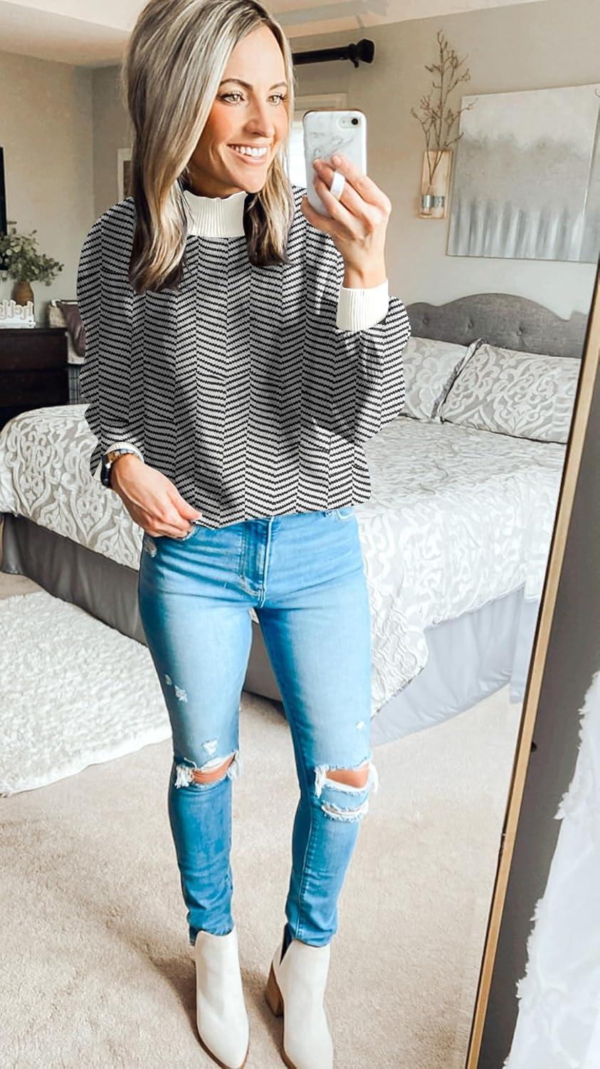 imageZESICA Womens 2026 Fall Fashion Turtleneck Long Sleeve Striped Ribbed Knit Loose Pullover Sweater TopsCarbon