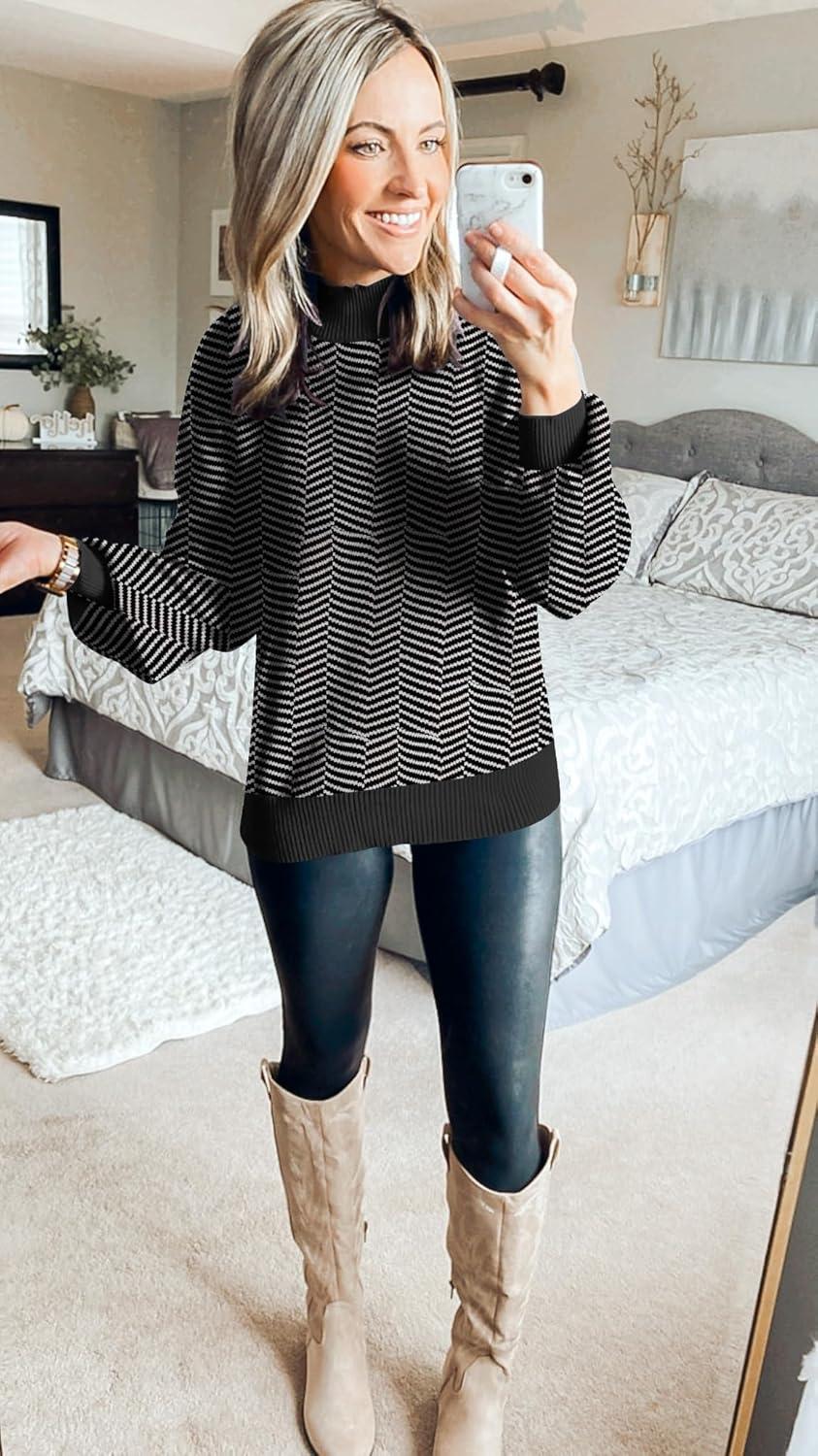 imageZESICA Womens 2026 Fall Fashion Turtleneck Long Sleeve Striped Ribbed Knit Loose Pullover Sweater TopsDim