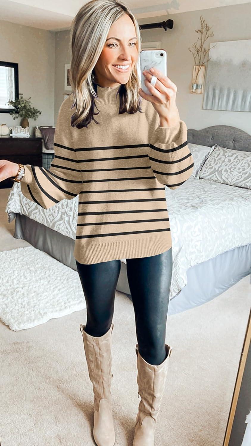 imageZESICA Womens 2026 Fall Fashion Turtleneck Long Sleeve Striped Ribbed Knit Loose Pullover Sweater TopsOatmeal