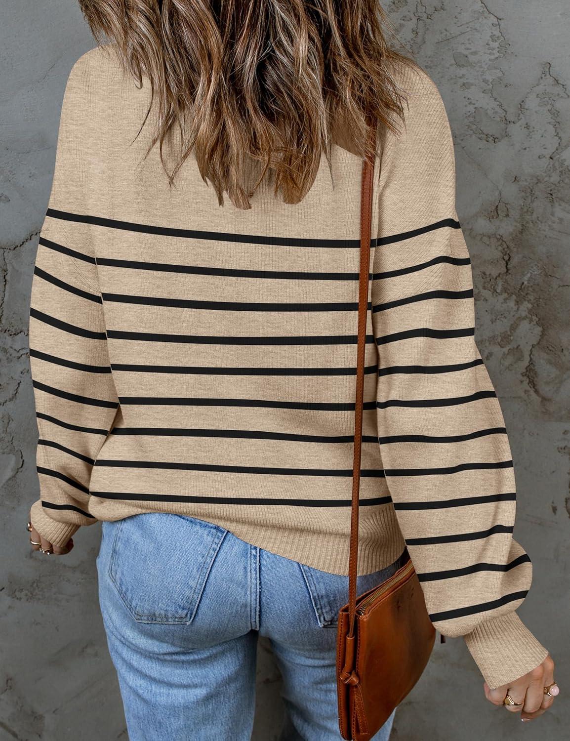 imageZESICA Womens 2026 Fall Fashion Turtleneck Long Sleeve Striped Ribbed Knit Loose Pullover Sweater TopsOatmeal
