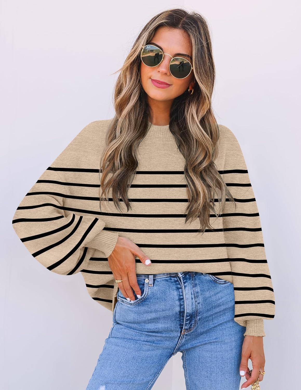 imageZESICA Womens 2026 Fall Fashion Turtleneck Long Sleeve Striped Ribbed Knit Loose Pullover Sweater TopsOatmeal