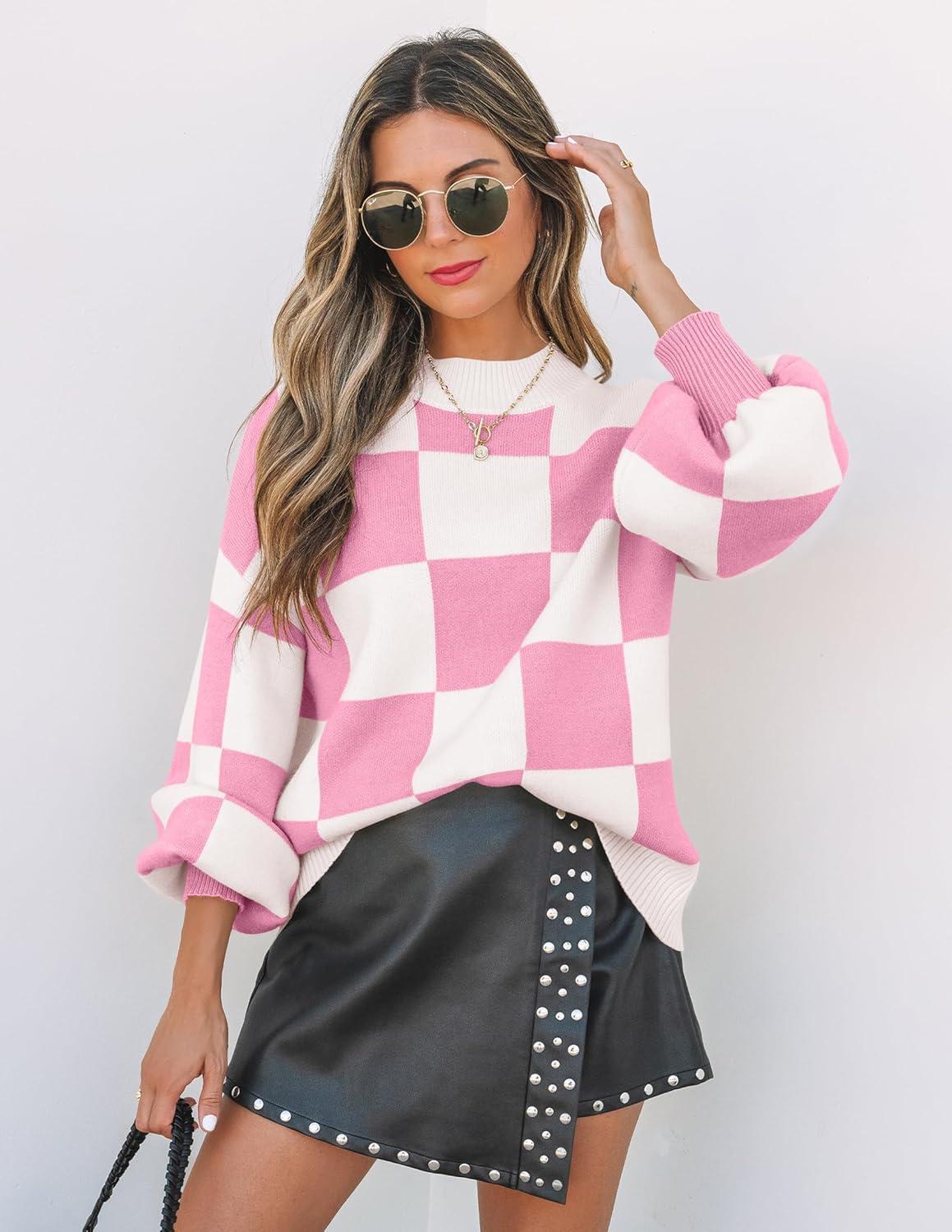imageZESICA Womens 2026 Fall Fashion Turtleneck Long Sleeve Striped Ribbed Knit Loose Pullover Sweater TopsPinkplaid