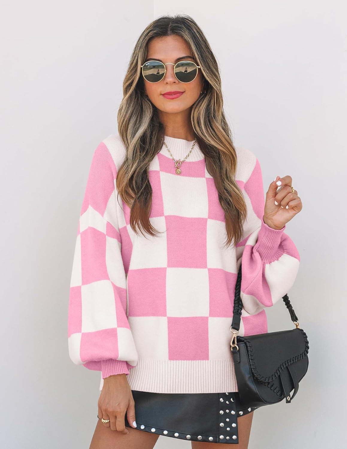 imageZESICA Womens 2026 Fall Fashion Turtleneck Long Sleeve Striped Ribbed Knit Loose Pullover Sweater TopsPinkplaid