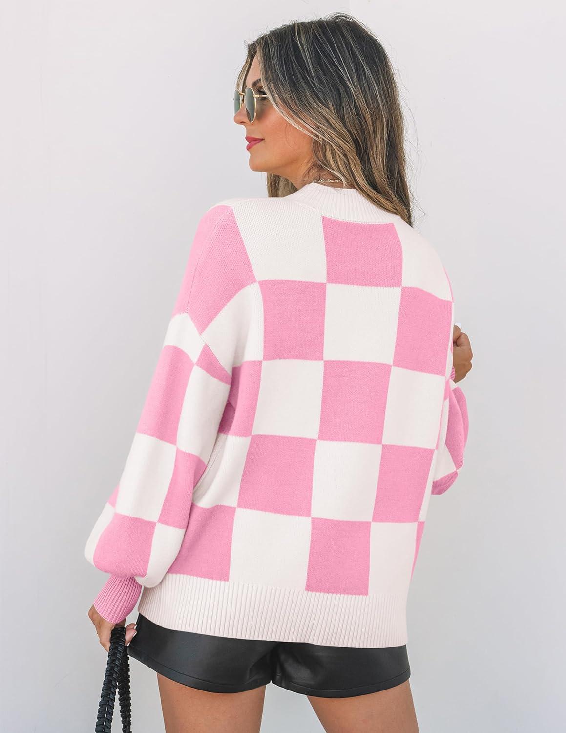 imageZESICA Womens 2026 Fall Fashion Turtleneck Long Sleeve Striped Ribbed Knit Loose Pullover Sweater TopsPinkplaid