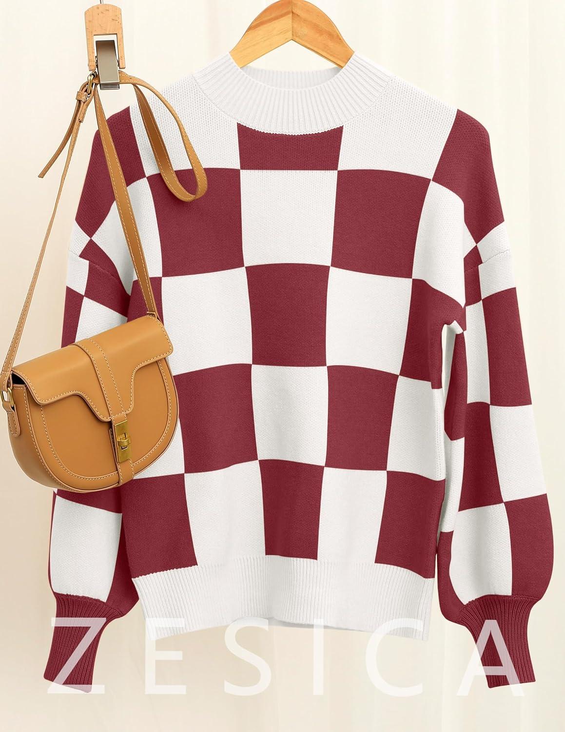 imageZESICA Womens 2026 Fall Fashion Turtleneck Long Sleeve Striped Ribbed Knit Loose Pullover Sweater TopsPlumplaid
