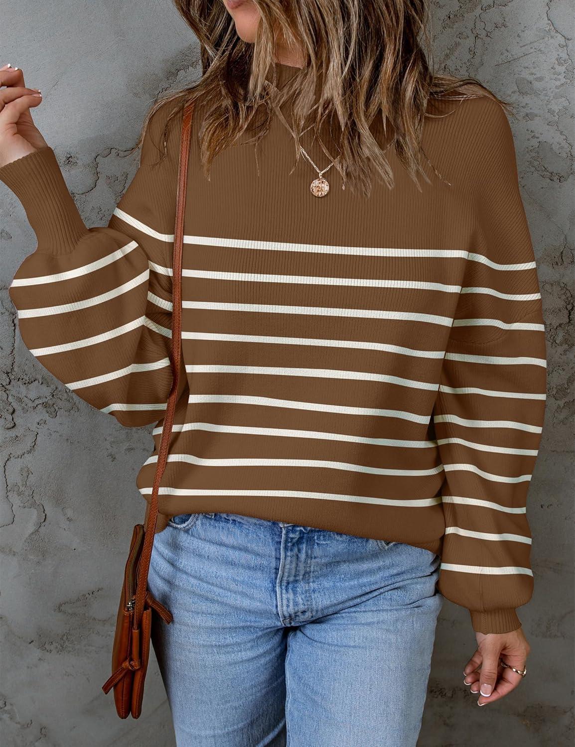 imageZESICA Womens 2026 Fall Fashion Turtleneck Long Sleeve Striped Ribbed Knit Loose Pullover Sweater TopsTan