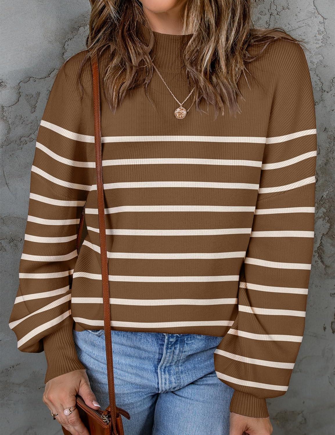imageZESICA Womens 2026 Fall Fashion Turtleneck Long Sleeve Striped Ribbed Knit Loose Pullover Sweater TopsTan