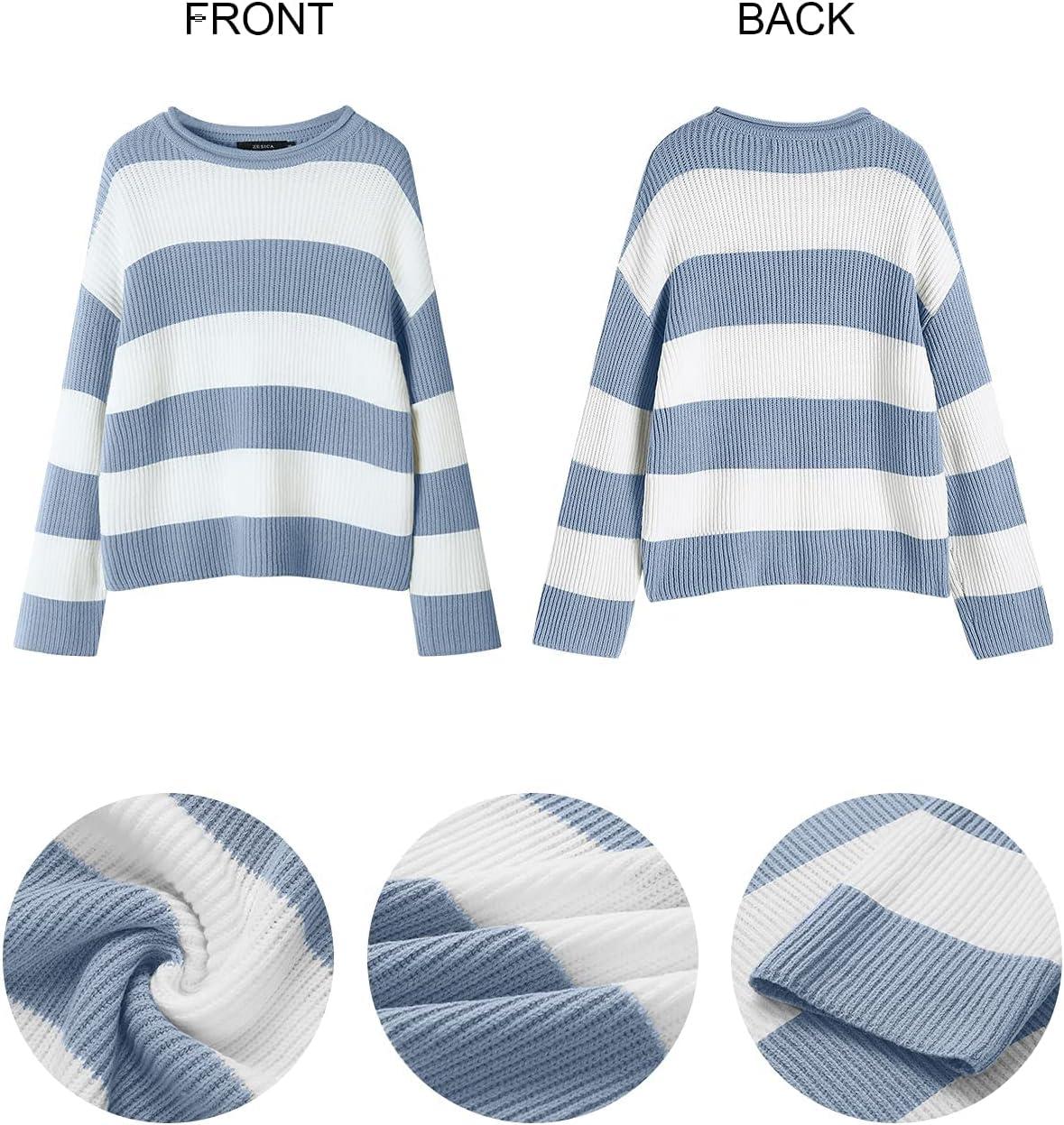 imageZESICA Womens 2026 Fall Long Sleeve Oversized Striped Color Block Comfy Loose Crew Neck Knitted Pullover SweaterBlue