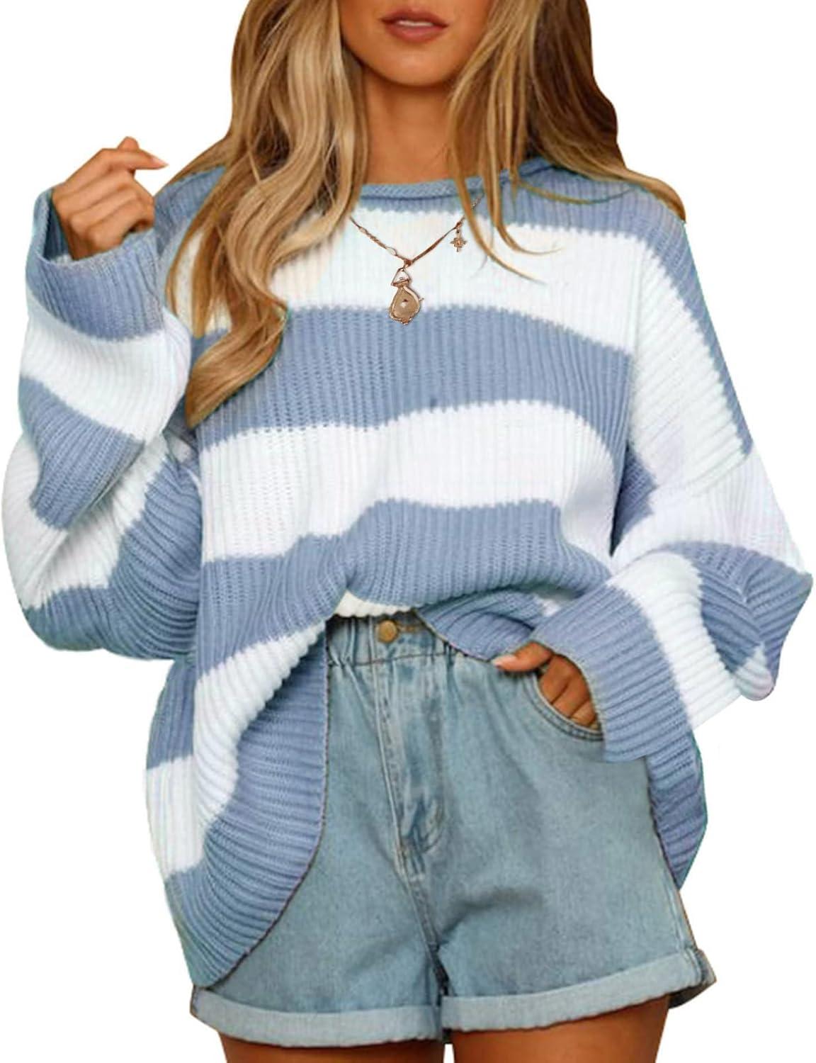 imageZESICA Womens 2026 Fall Long Sleeve Oversized Striped Color Block Comfy Loose Crew Neck Knitted Pullover SweaterBlue