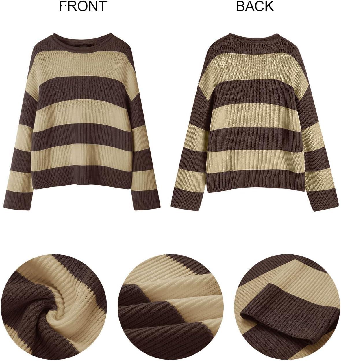 imageZESICA Womens 2026 Fall Long Sleeve Oversized Striped Color Block Comfy Loose Crew Neck Knitted Pullover SweaterBrown
