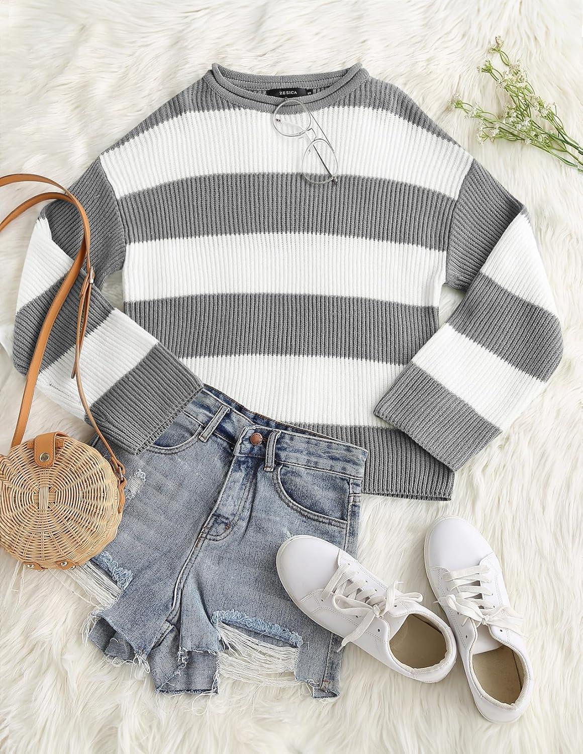 imageZESICA Womens 2026 Fall Long Sleeve Oversized Striped Color Block Comfy Loose Crew Neck Knitted Pullover SweaterGrey