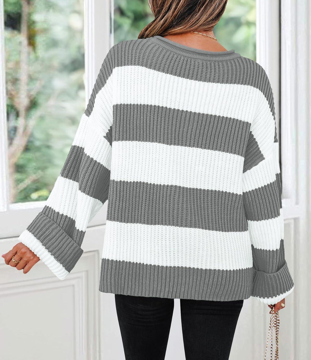 imageZESICA Womens 2026 Fall Long Sleeve Oversized Striped Color Block Comfy Loose Crew Neck Knitted Pullover SweaterGrey
